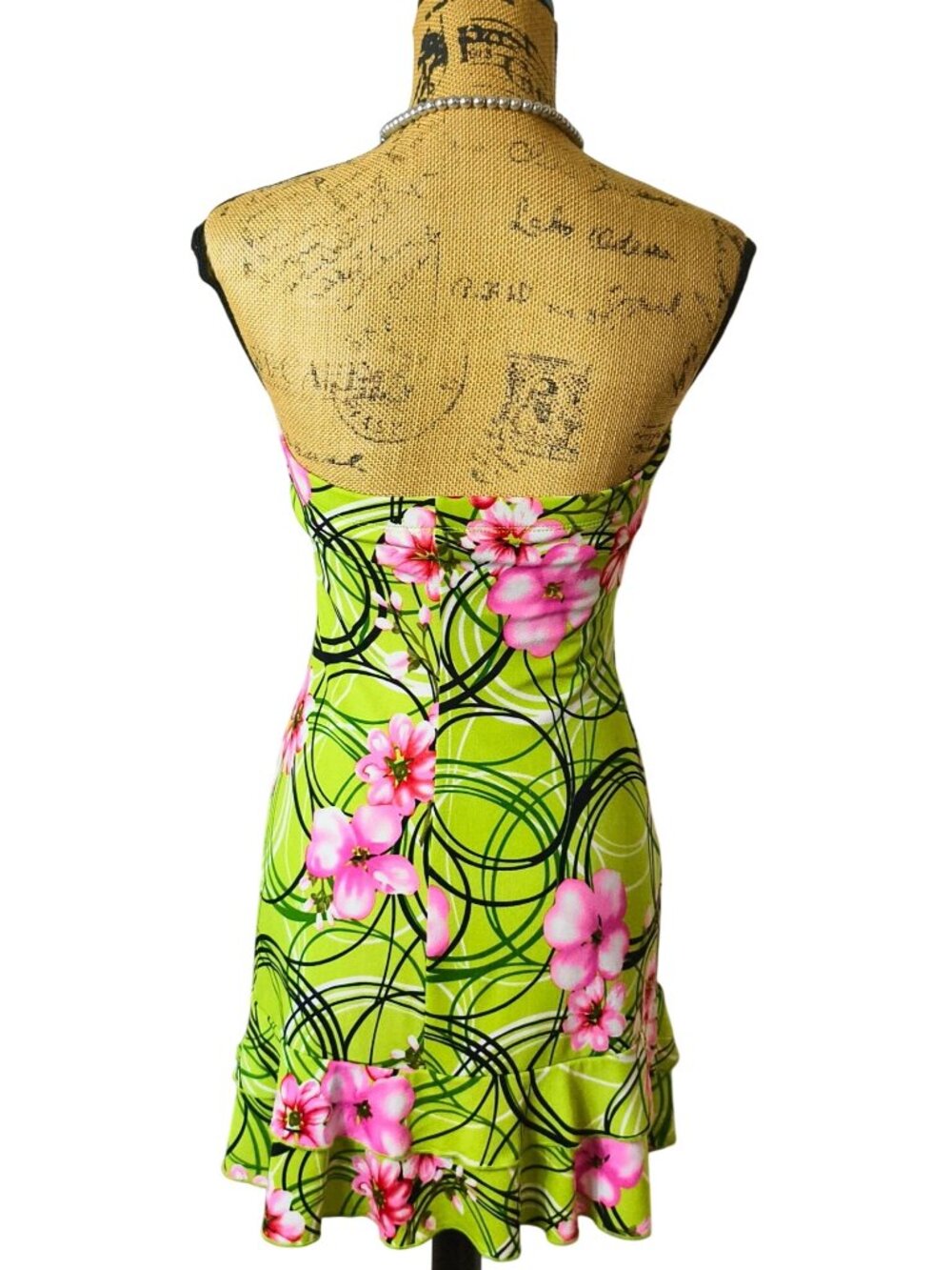 Vtg Rhapsody S Strapless Mini Dress Y2K Floral Ruffled Green Pink Festive Coquet - Picture 3 of 6